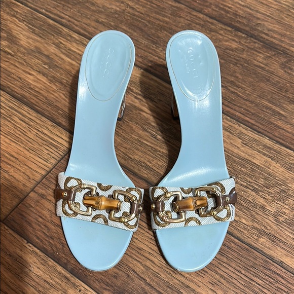 Gucci Women's Blue and Gold Slide Sandals - Picture 1 of 8